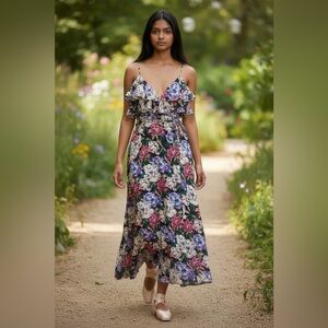 REVOLVE WAYF Black Floral Jamie Ruffle Wrap Maxi Gown Lace Up Back Size XS-Small